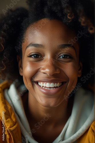 A happy woman with curly hair smiling directly into the camera