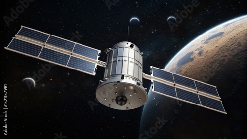 A satellite with solar panels orbits a planet in deep space, with distant celestial bodies visible in the background.