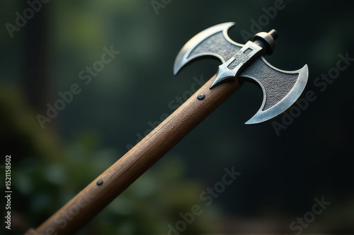 A close-up shot of a metal axe with a wooden handle, set amidst the natural environment of the woods