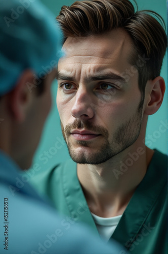 A close-up view of a person in medical scrubs examining himself in a mirror