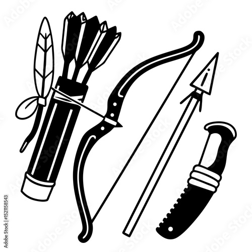 Discover archery equipment vector art: bow and arrow, quiver, knife illustration for outdoor sports design