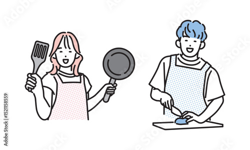 シンプル　イラスト　笑顔で料理をする男性と女性 人物セット
