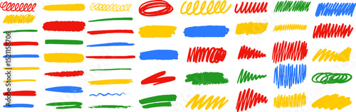 Bright multicolored scribbles, brush strokes, and sketchy shapes made with markers, ideal for playful, fun, and creative designs. Vector EPS 10