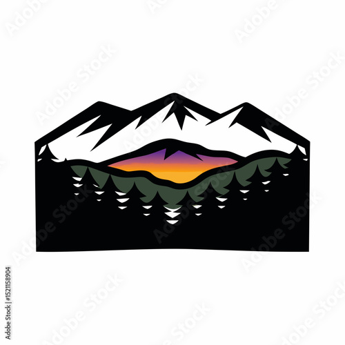 Explore mountain peak landscape with forest trees and sunset scene vector graphic illustration design