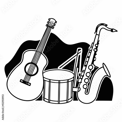 Illustration of musical instruments guitar saxophone and drum for music band and orchestra shows