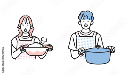 シンプル　イラスト　笑顔で料理をする男性と女性 人物セット