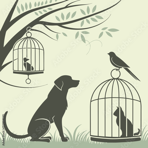 Silhouette illustration of dog cat and bird with birdcage and tree for pet lovers and animal art design