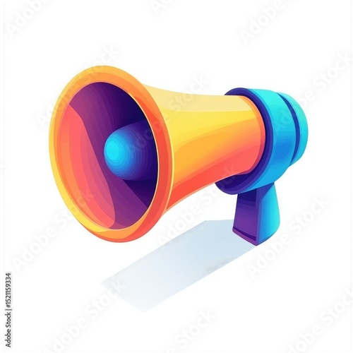 A vibrant, isometric illustration of a megaphone with orange, yellow, blue, and purple gradient coloring, casting a subtle shadow