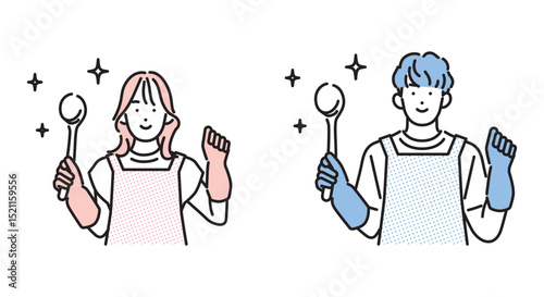 シンプル　イラスト　笑顔で掃除をする男性と女性 人物セット