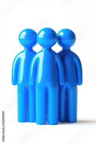 Three glossy, blue, simplified human figurines stand shoulder-to-shoulder against a white background