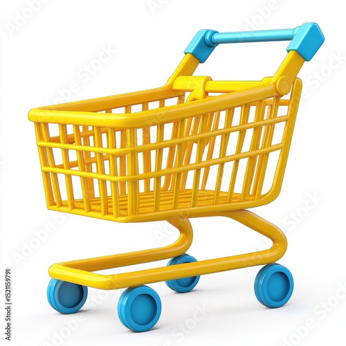 A cheerful yellow shopping cart with light blue accents and wheels, isolated on a white background, appears cartoonish and playful