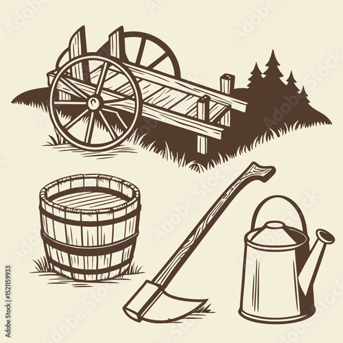 Explore rustic farm life with vintage wagon, wooden bucket, axe, and watering can vector illustration