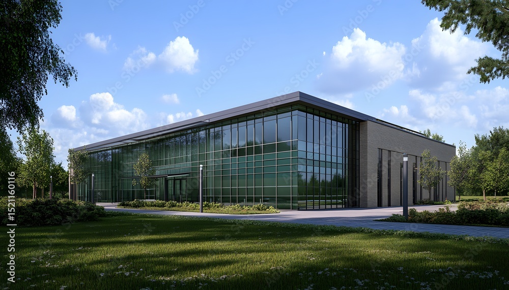 Fototapeta premium Modern glass-fronted building nestled within landscaped grounds.