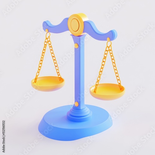 A pastel blue and gold 3D rendered scale, featuring a central column, two hanging pans linked by chains, and a circular top