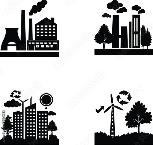 Urban & Environmental Contrast Symbol Set Featuring Four Distinct Scenes: A Factory with Smokestacks Representing Industrialization, A Cityscape with Skyscrapers and Green Spaces Representing Urban