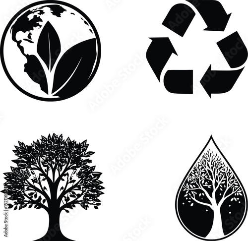 Environmental Conservation Symbol Set Featuring Four Distinct Icons Representing Nature and Sustainability: A Globe with a Leaf for Planet Care, A Classic Recycling Symbol, A Detailed Tree 