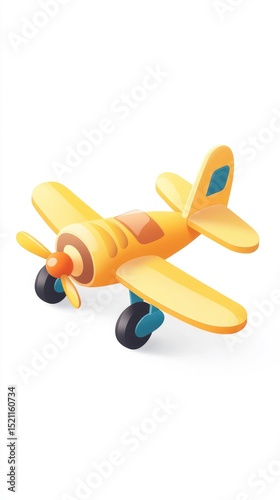 A cheerful yellow toy airplane with a propeller, wheels, and simple design, rendered in a cartoonish style against a white background