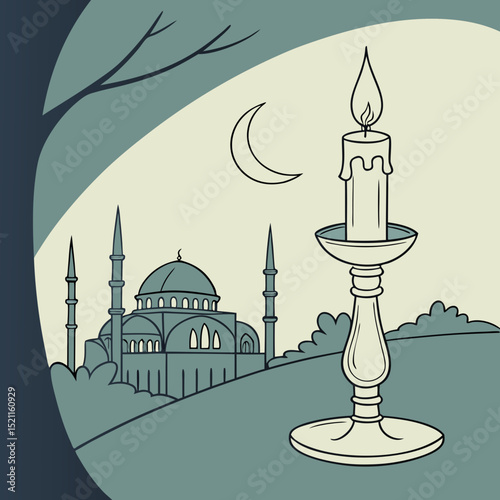 Illustration of ramadan kareem with mosque and candle for islamic festival celebration night art