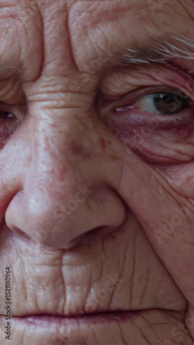 Close up revealing senior woman's bruised eye, portraying vulnerability, physical aging, and possible interpersonal trauma