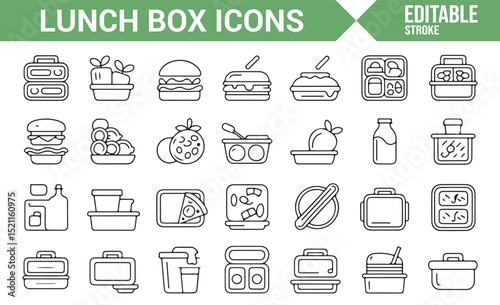 Set of Icons Representing Lunch Box Packaging and Food Storage Solutions