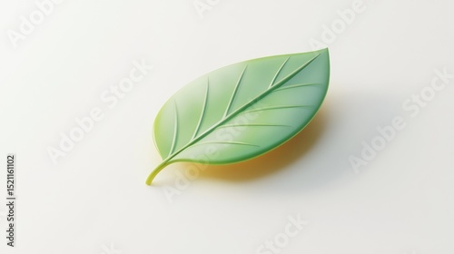 Single, stylized, green leaf with subtle yellow undertones rests on a bright white background; digitally rendered