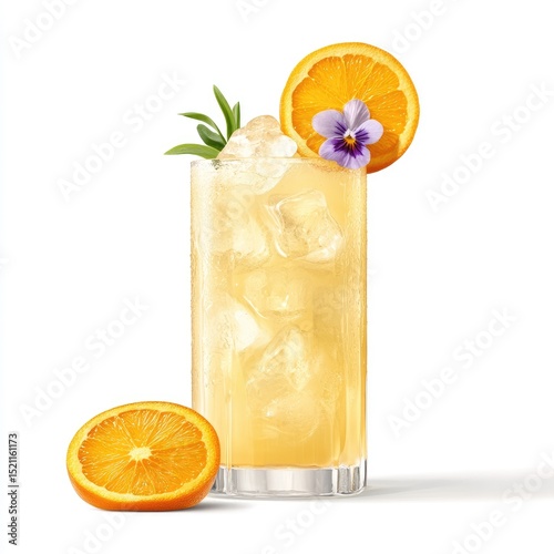 Tall glass of pale yellow citrus cocktail, garnished with orange slices, rosemary sprig, and a purple pansy, on a white background