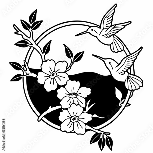 Vector art of hummingbirds and flowers in a circle for nature lovers and birdwatching enthusiasts design
