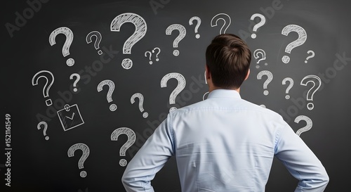 A pensive individual, absorbed in thought, stands before a blackboard covered in question marks, a visual metaphor for contemplation, curiosity, and the quest for solutions.