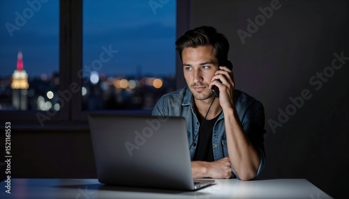 Young man talking on phone while working on laptop at night  