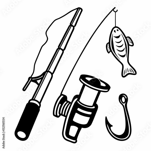 Illustration of fishing rod, reel, hook and fish for recreational fishing and angling sport hobby.