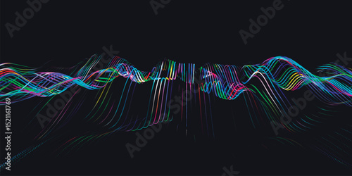 Abstract background with dynamic color wave. Futuristic dotted wave of bright particles. Colorful background for presentation design. Dark background. Wide format vector illustration. Weave effect.