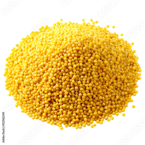 A mound of yellow millet grains displays a vibrant, round, and uniform appearance.