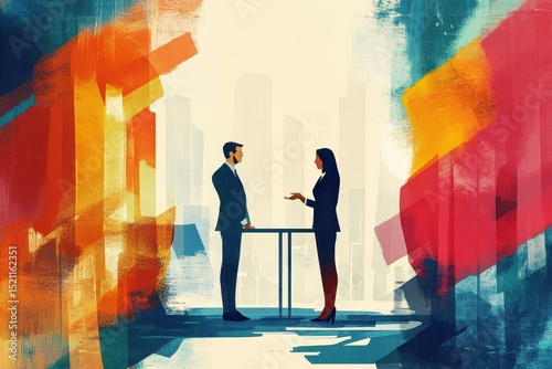Difficult Meeting. Businessman and Businesswoman Discussing Achievements and Problems