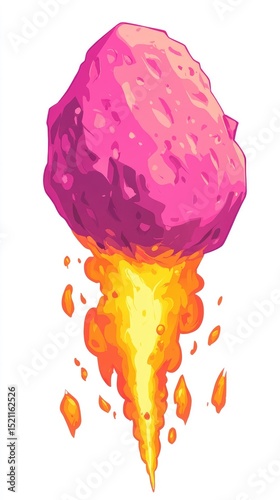 Pink asteroid with fiery, orange-yellow trail descending