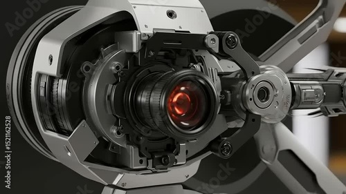 Close-up view of a futuristic camera lens mechanism showcasing intricate details and design