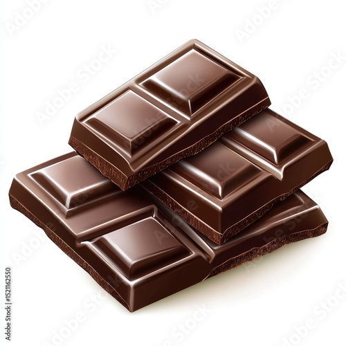 Three dark chocolate squares, glossy and slightly stacked, isolated on white, showing rich brown tones and subtle shadows