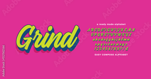 Grind: Stylish typography composite alphabet. Easy use design font. Vector display letters typeface.