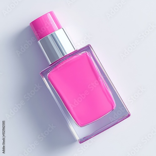A vibrant pink nail polish bottle with a silver cap,  rests on a light gray background, showcasing its glossy finish and rectangular shape