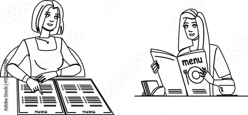 restaurant woman reading menu vector