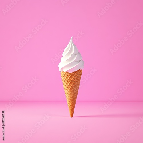 A single serving of soft-serve ice cream in a waffle cone, presented against a solid pink backdrop