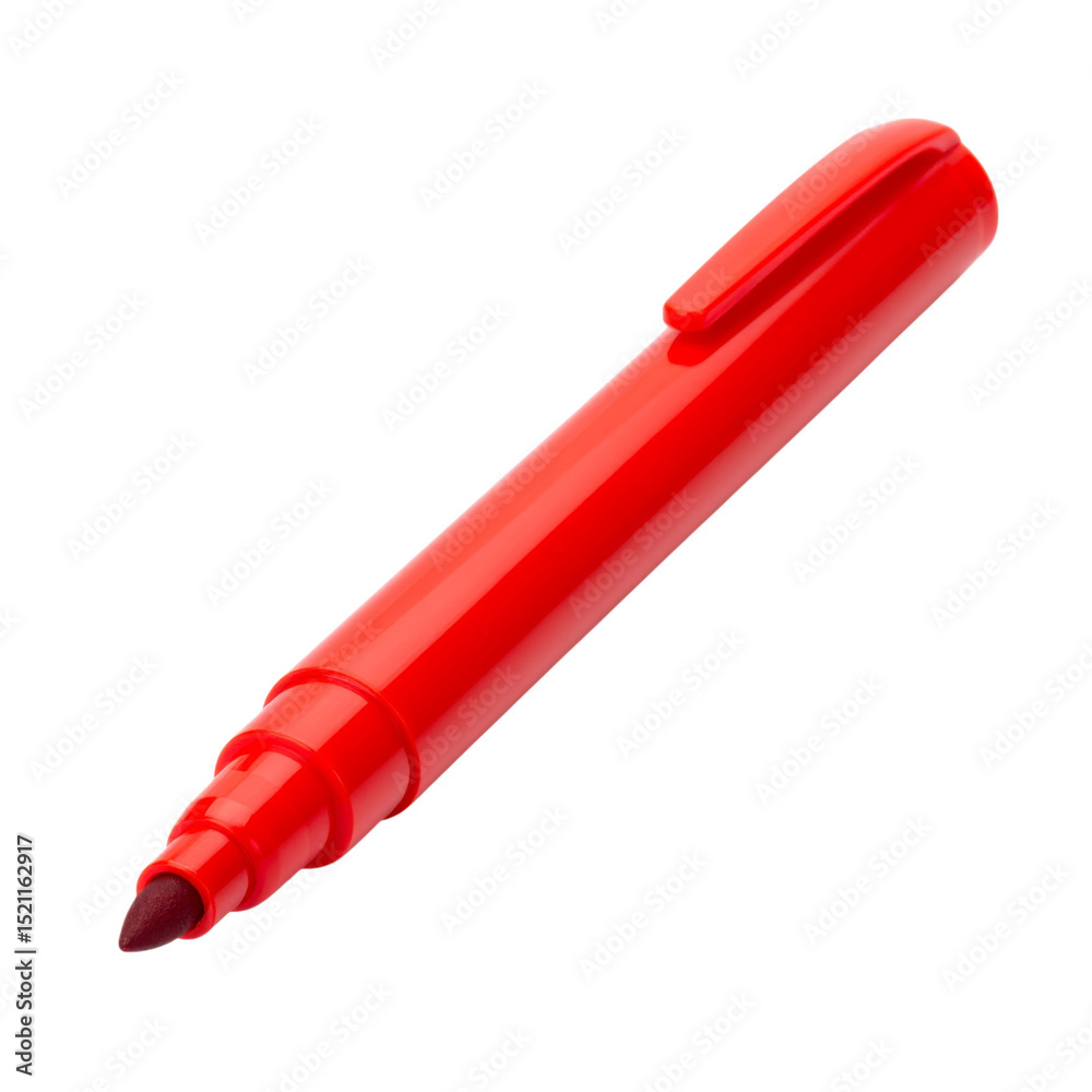 Red marker pen with a bullet tip and a plastic cap. Red marker pen with a bullet tip and a plastic cap.