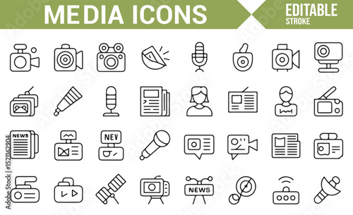 Simple Icons Representing News Media, Camera, and Broadcasting Stations
