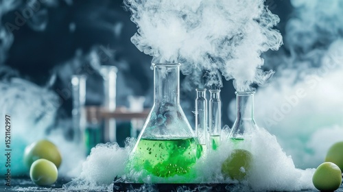 Laboratory glassware filled with a green liquid and emitting smoke or steam suggesting an ongoing chemical reaction or experiment in a science research setting