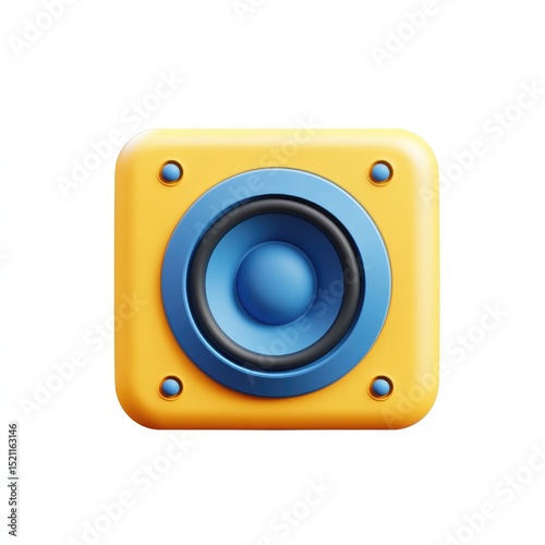 A square, yellow 3D-rendered speaker with a blue circular driver, featuring rounded edges and small, circular accents