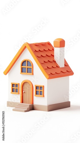 A charming, small, white house with an orange roof, chimney, and door; rendered in a simplistic, 3D style against a white background