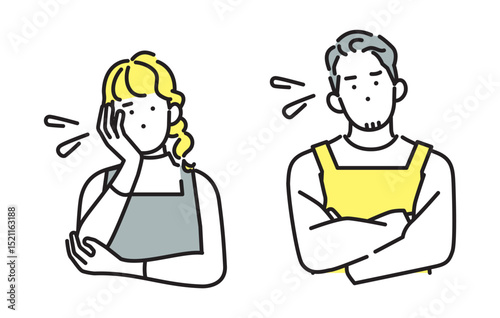 シンプル　イラスト　悩む若い夫婦 人物