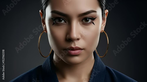 Close-up portrait of a focused female martial artist with striking makeup and earrings