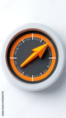 A 3D rendered orange arrow points upward on a circular, dark gray clock face with orange accents, set against a white background