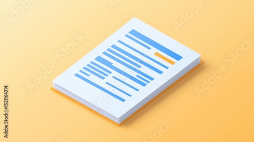 Isometric illustration of a stack of papers with blue text highlighting a section, set against a pale orange background
