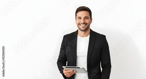 A confident and professional man holds a tablet, exuding business savvy and approachable demeanor. capturing his readiness to engage and innovate.